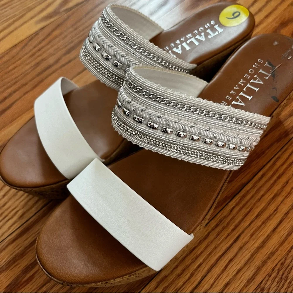 Italian Shoe Makers Silver Embellished Double Band Wedge Sandals Made In Italy 9